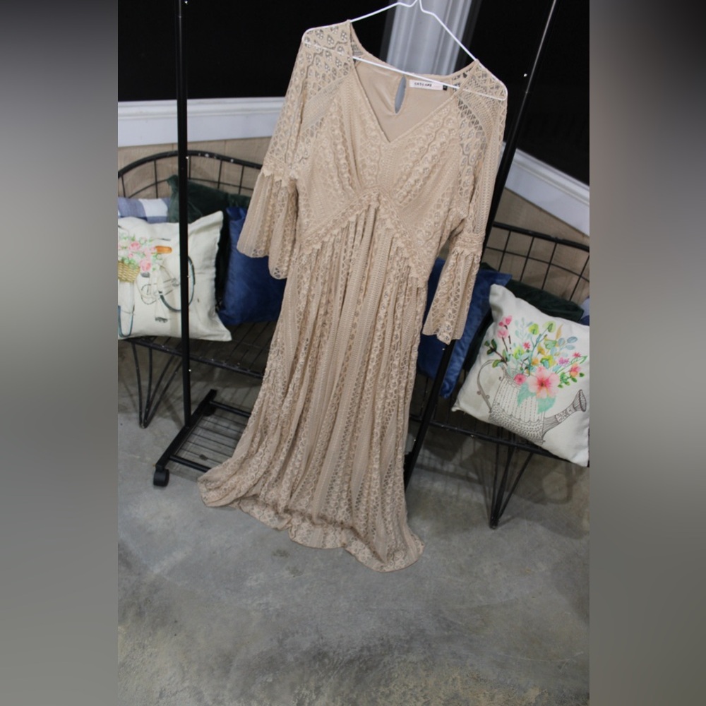 Beige Lace Boho Maxi Dress | Crochet Embroidered Flowy Dress - Picture 2 of 4